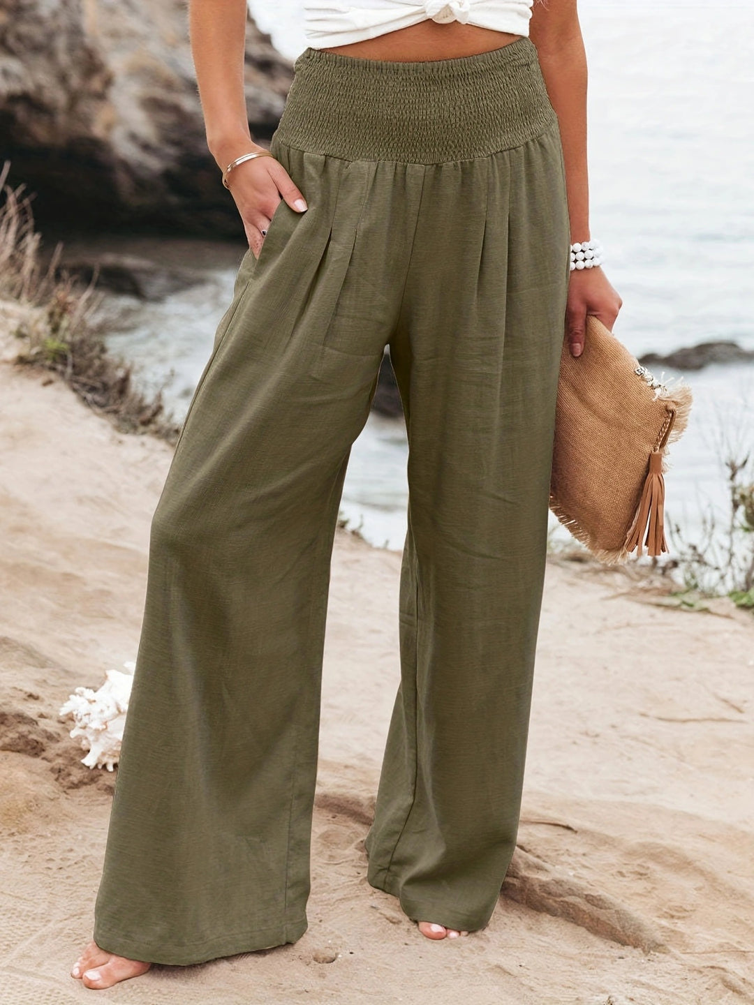 Damen Weite Leinenhose mit Smokbund und Eingrifftaschen Nord Taschen