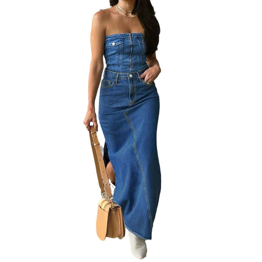 Damen High-Waist Maxirock aus Denim mit frontaler Ziernaht und seitlichem Beinschlitz Nord Taschen