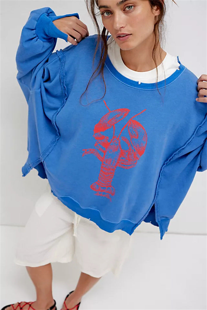 Damen oversized Sweatshirt mit Rüben-Print, ausgefransten Nahtakzenten und Daumenlochärmeln Nord Taschen