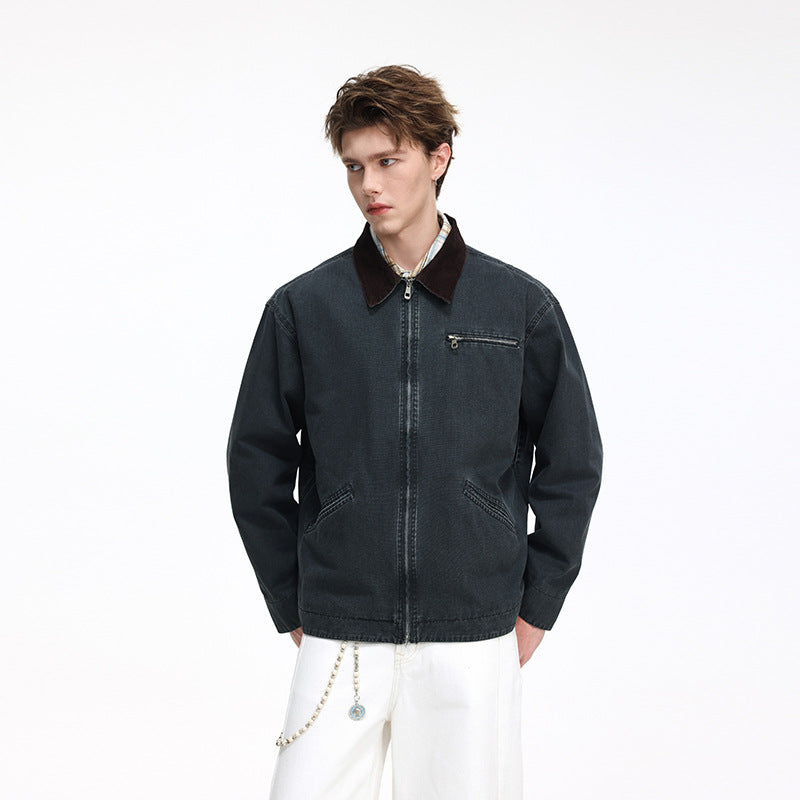 Herren Freizeitjacke aus gewaschenem Baumwollcanvas mit Cordkragen und Reißverschluss-Tasche Nord Taschen