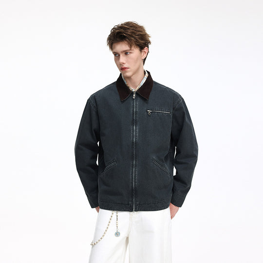 Herren Freizeitjacke aus gewaschenem Baumwollcanvas mit Cordkragen und Reißverschluss-Tasche Nord Taschen