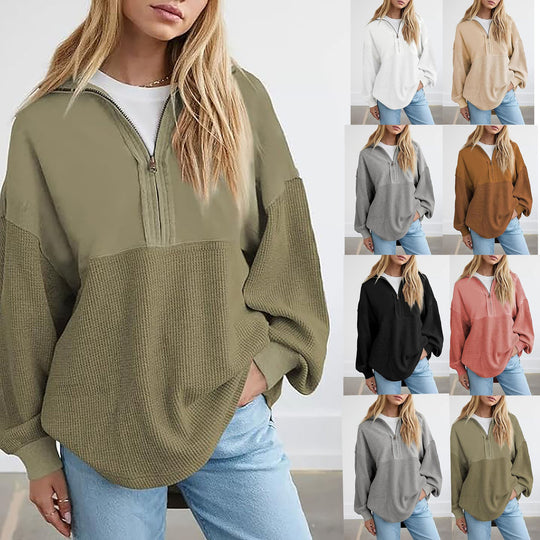 Damen Oversize-Halbzip-Pullover mit Waffelstrick-Einsätzen Nord Taschen