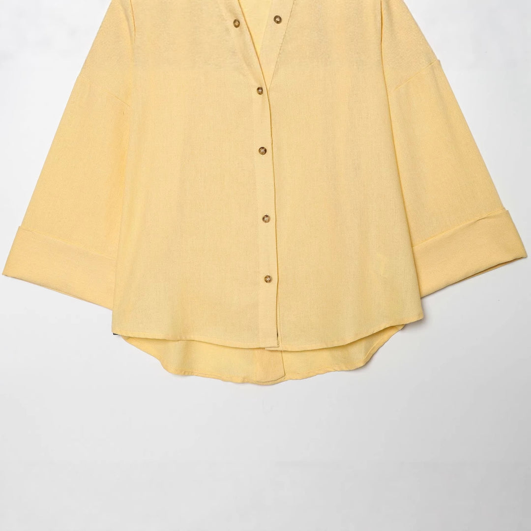 Damen Oversized Leinenbluse mit Kimonoärmeln und durchgehender Knopfleiste Nord Taschen