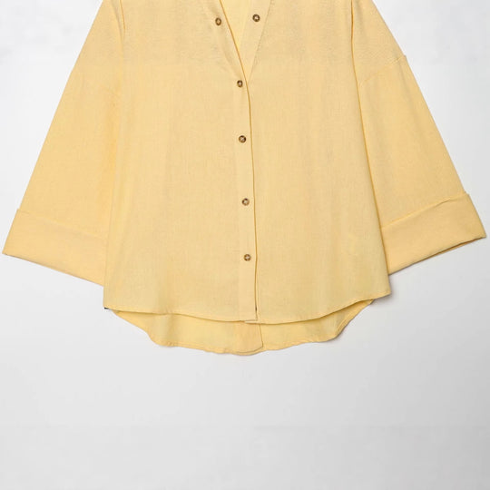 Damen Oversized Leinenbluse mit Kimonoärmeln und durchgehender Knopfleiste Nord Taschen
