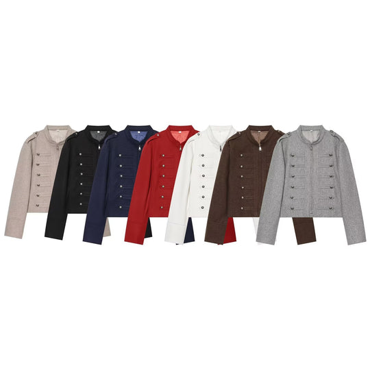 Damen Kurzjacke Military-inspirierte Wollmix‑Cropped Jacke mit Stehkragen, Epauletten und Zierknopfleiste Nord Taschen