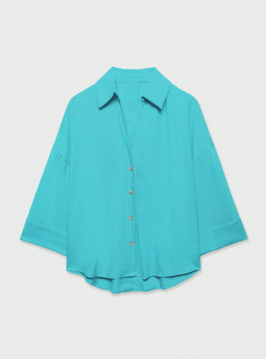 Damen Leichte Oversize Leinenoptik Bluse mit Dreiviertelärmeln und durchgehender Knopfleiste Nord Taschen