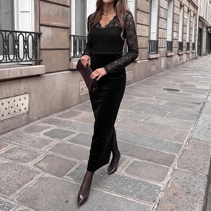 Damen Elegantes Langarm Maxikleid aus Samt und Spitze Nord Taschen