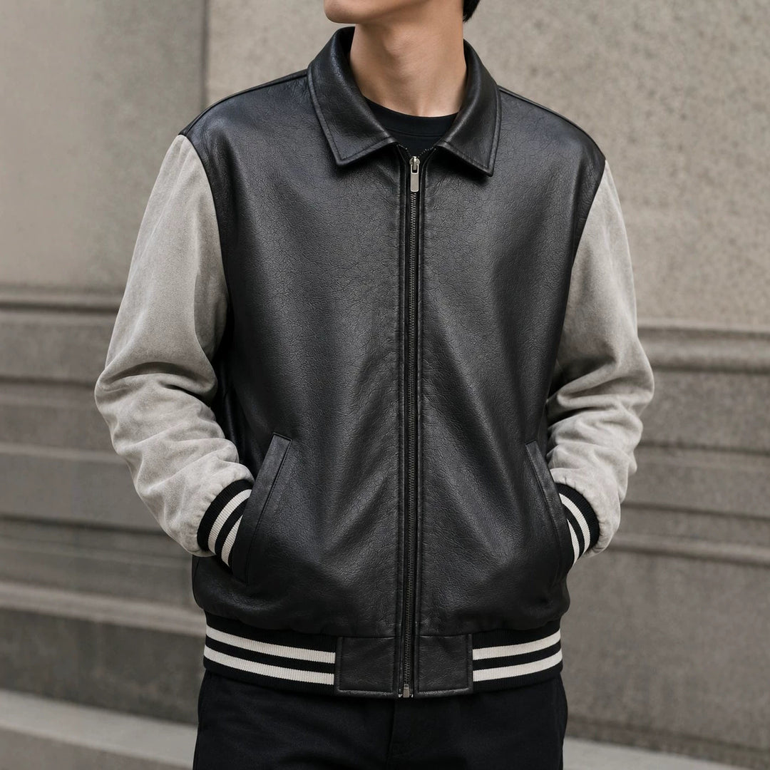 Herren Retro Letterman‑Bomber mit glattem Kunstlederkörper und Veloursärmmel-Detail Nord Taschen