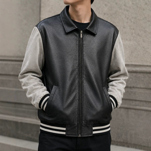 Herren Retro Letterman‑Bomber mit glattem Kunstlederkörper und Veloursärmmel-Detail Nord Taschen