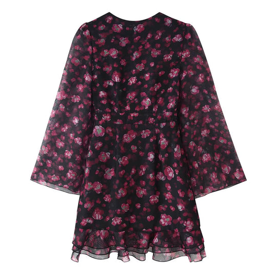 Damen Florales Chiffon-Minikleid mit tiefem V-Ausschnitt, Glockenärmeln und Stufenvolant Nord Taschen