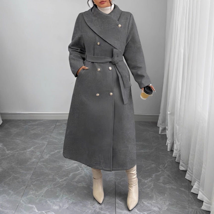 Damen Doppelreihiger Wollmix-Mantel mit weitem Schalkragen und Bindegürtel Nord Taschen