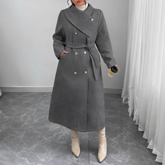 Damen Doppelreihiger Wollmix-Mantel mit weitem Schalkragen und Bindegürtel Nord Taschen