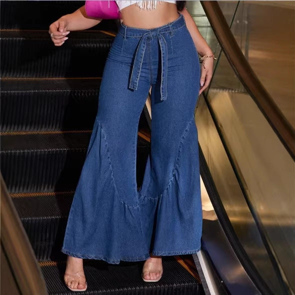 Damen Hochtaillierte Denim-Palazzo-Jeans mit überlappendem V-Bund, weitem Schlag und Frontschlitz Nord Taschen