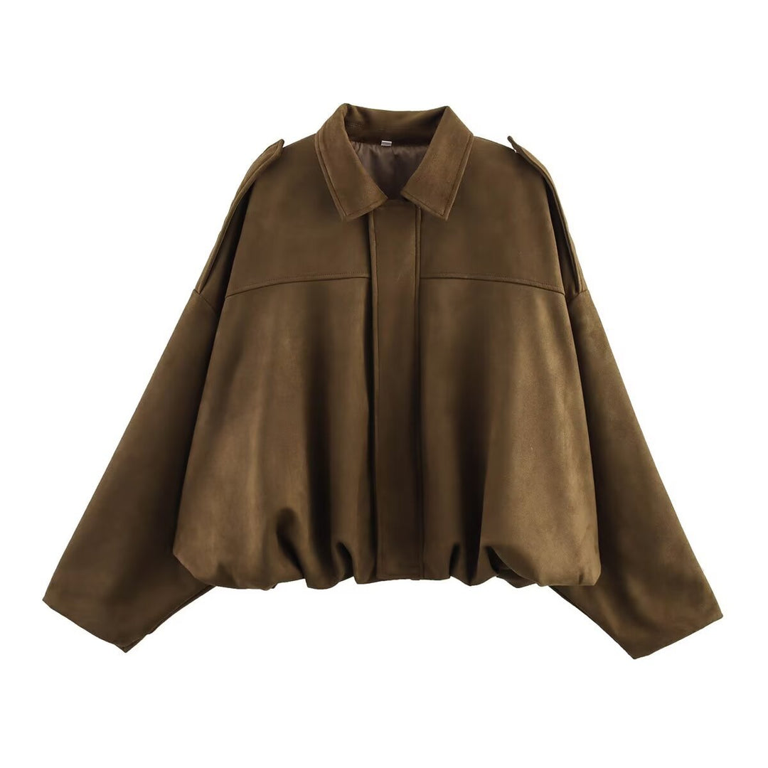 Damen Oversize-Suedejacke mit Schulterklappen, verdeckter Knopfleiste und elastischem Saum Nord Taschen