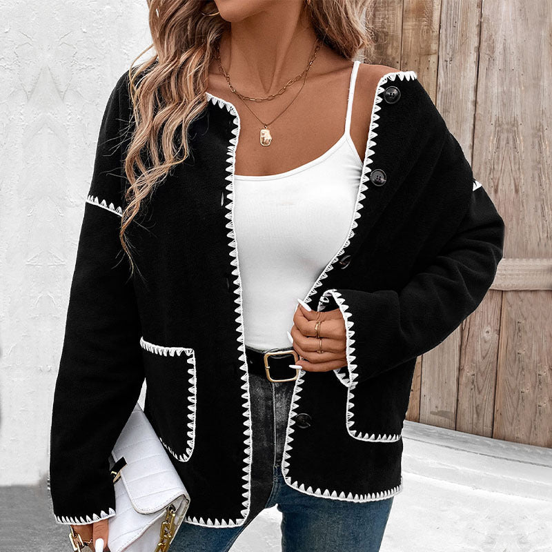 Damen Lockerer Rundhalsausschnitt-Cardigan mit kontrastierender Zierstich-Naht, Knopfleiste & aufgesetzten Taschen Nord Taschen