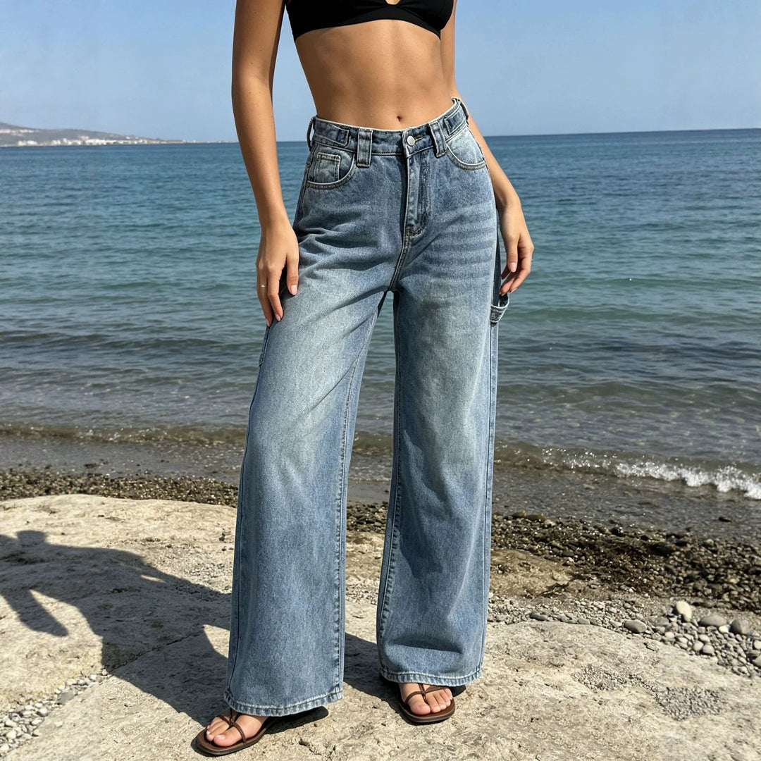 Damen weite High‑Waist Carpenter-Denimhose mit Utility-Seitentasche und ausgestelltem Bein Nord Taschen