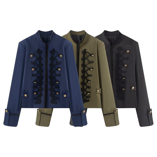 Damen Kurzjacke im Militärestil mit Stehkragen Kordverzierung und Zierknöpfen Nord Taschen