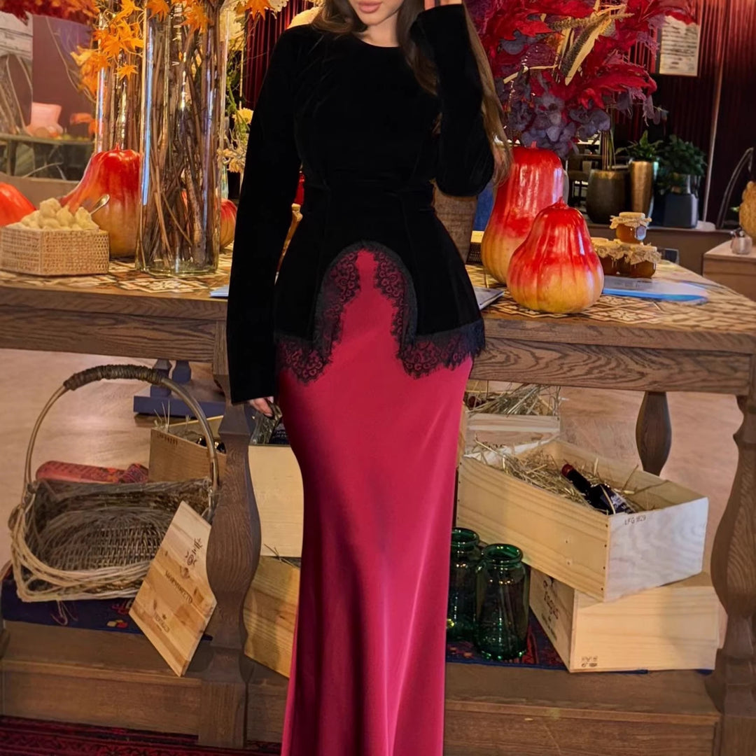 Damen Samt-Longsleeve mit Spitzensaum und geschwungenem Vorderdetail Nord Taschen