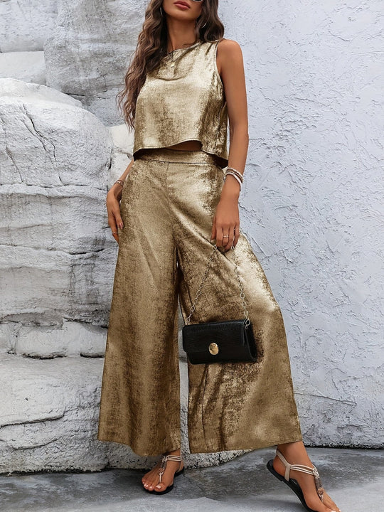 Damen Glänzendes Set aus ärmellosem Oberteil und weitem Hosen Nord Taschen