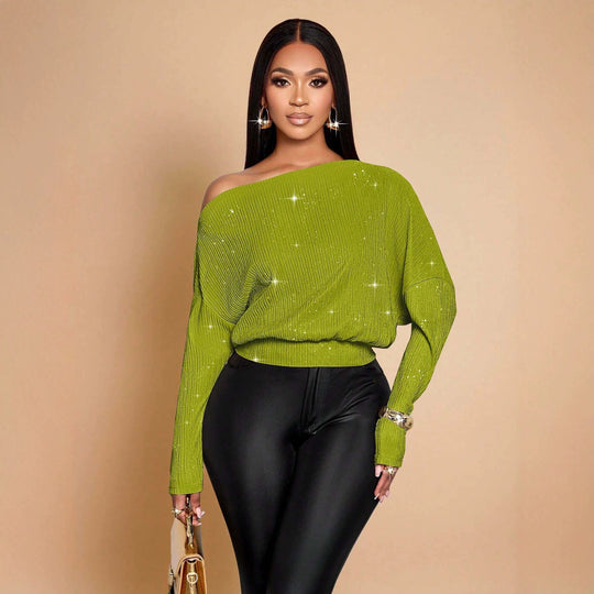 Damen Überschnittener Rippstrick-Pullover mit One-Shoulder und tailliertem Bündchen Nord Taschen