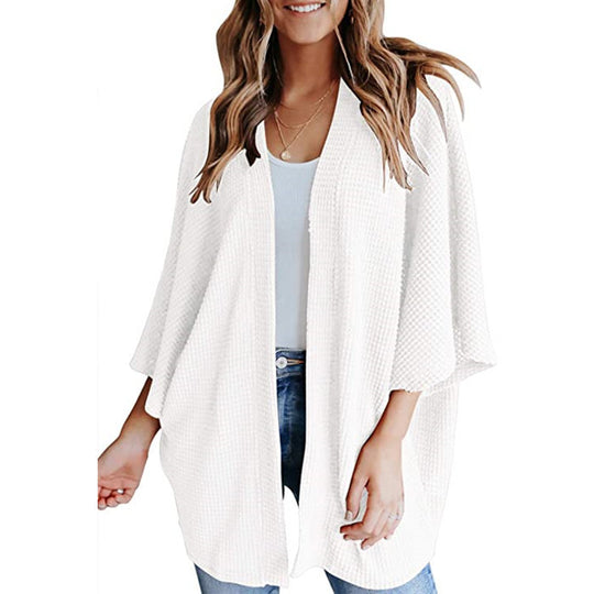 Damen Waffelstrick Offener Kimono-Cardigan mit Fledermausärmeln Nord Taschen