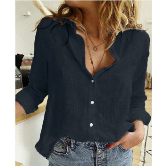 Damen Leichte Leinenbluse im legeren Oversize‑Schnitt mit Stufenkragen und durchgehender Knopfleiste Nord Taschen