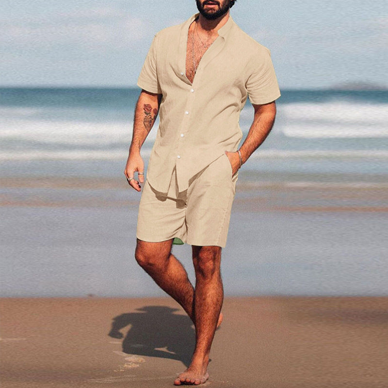 Herren nan zweiteiliges Sommerfreizeitensemble mit offenem Hemdkragen und lockeren knielangen Shorts Nord Taschen