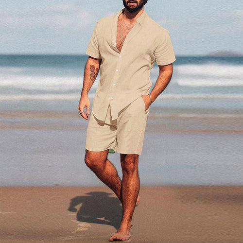 Herren nan zweiteiliges Sommerfreizeitensemble mit offenem Hemdkragen und lockeren knielangen Shorts Nord Taschen