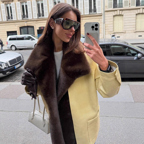 Damen Eleganter Oversize-Mantel aus Veloursleder‑Optik mit voluminösem Faux‑Fur‑Schalkragen Nord Taschen