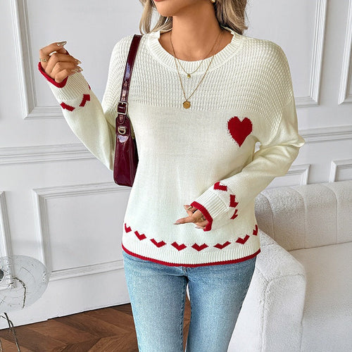 Damen Feinstrick-Pullover mit Herz-Jacquard, Ajour-Struktur und geripptem Saum Nord Taschen