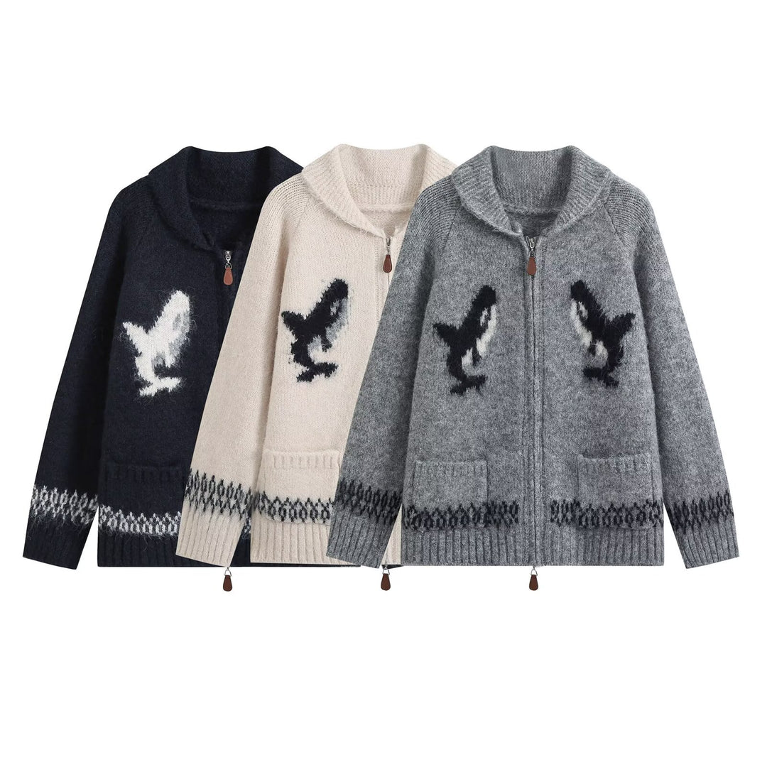 Damen Grobgestrickter Zip-Cardigan mit Schalkragen und Intarsia-Motiv Nord Taschen