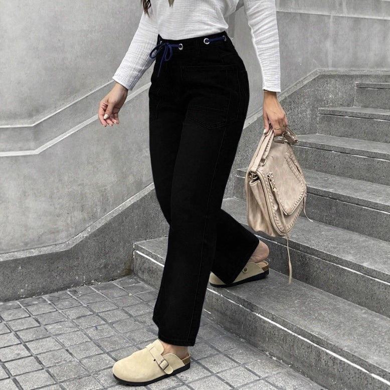 Damen Hochtaillierte Jeans mit geradem Bein, Tunnelzugbund und aufgesetzten Taschen Nord Taschen