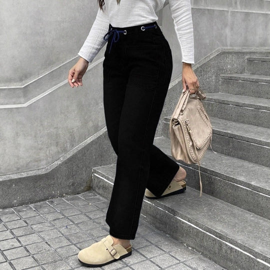 Damen Hochtaillierte Jeans mit geradem Bein, Tunnelzugbund und aufgesetzten Taschen Nord Taschen