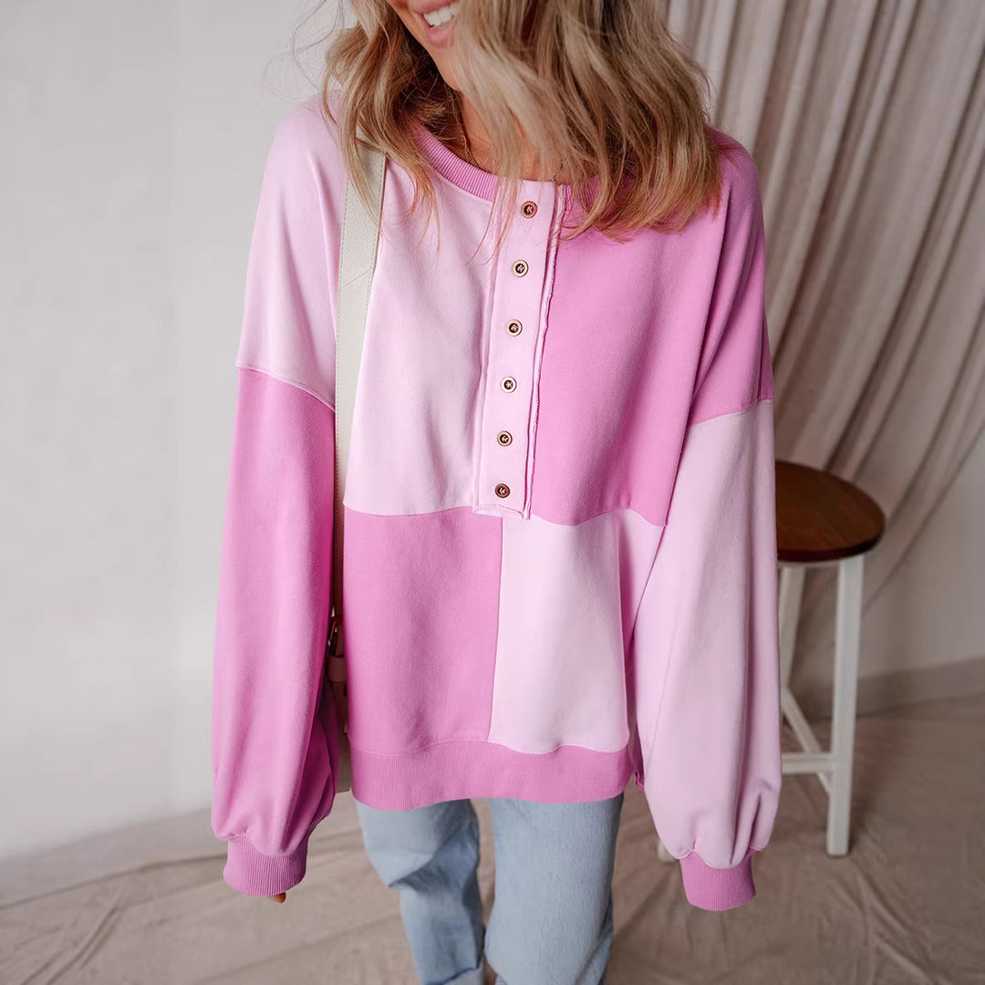Damen Oversize-Longsleeve-Sweatshirt im Colorblock mit Henley-Knopfleiste und Ballonärmeln Nord Taschen