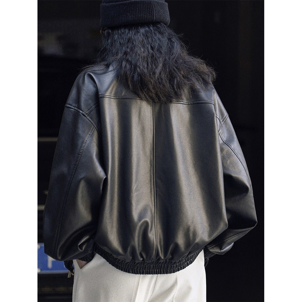 Damen Oversize-Lederoptik-Bomberjacke mit Pattentaschen und elastischem Saum Nord Taschen
