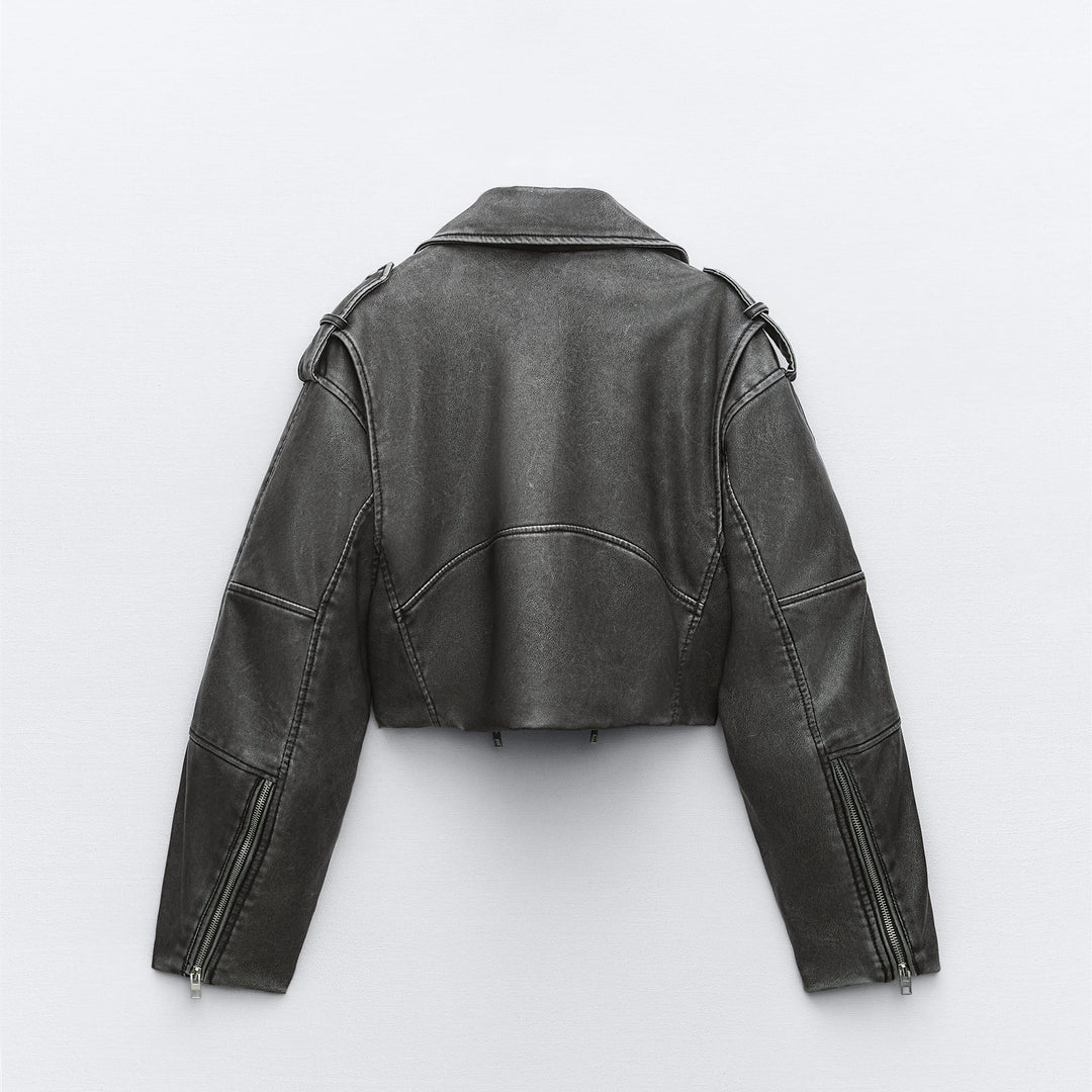 Damen Kurz geschnittene Bikerjacke aus Kunstleder mit asymmetrischer Reißverschlussfront und Oversized‑Boxy‑Silhouette Nord Taschen