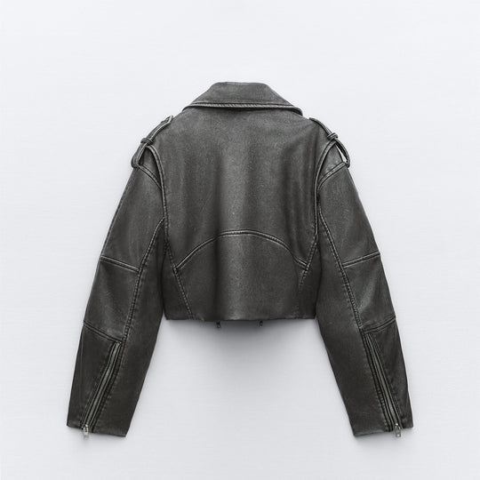 Damen Kurz geschnittene Bikerjacke aus Kunstleder mit asymmetrischer Reißverschlussfront und Oversized‑Boxy‑Silhouette Nord Taschen