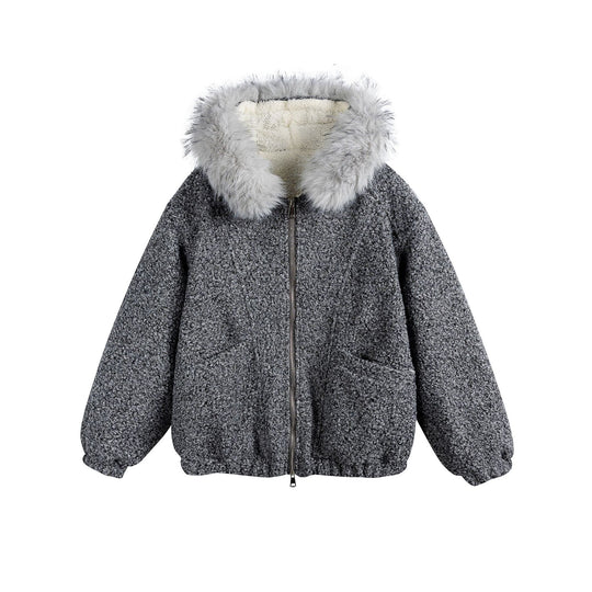 Damen Bouclé-Blousonjacke mit voluminösem Faux-Fur-Kragen und Thermofutter Nord Taschen