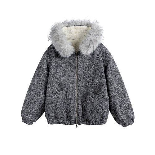 Damen Bouclé-Blousonjacke mit voluminösem Faux-Fur-Kragen und Thermofutter Nord Taschen