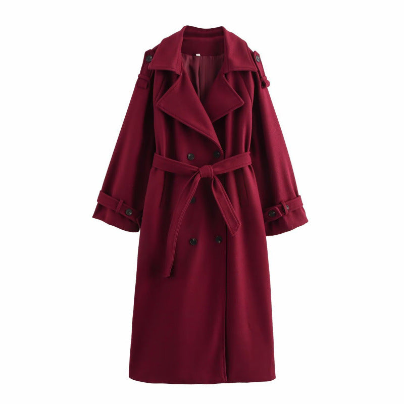 Damen langer doppeltreihiger Wollmix-Trenchcoat mit Gürtel und breitem Revers Nord Taschen