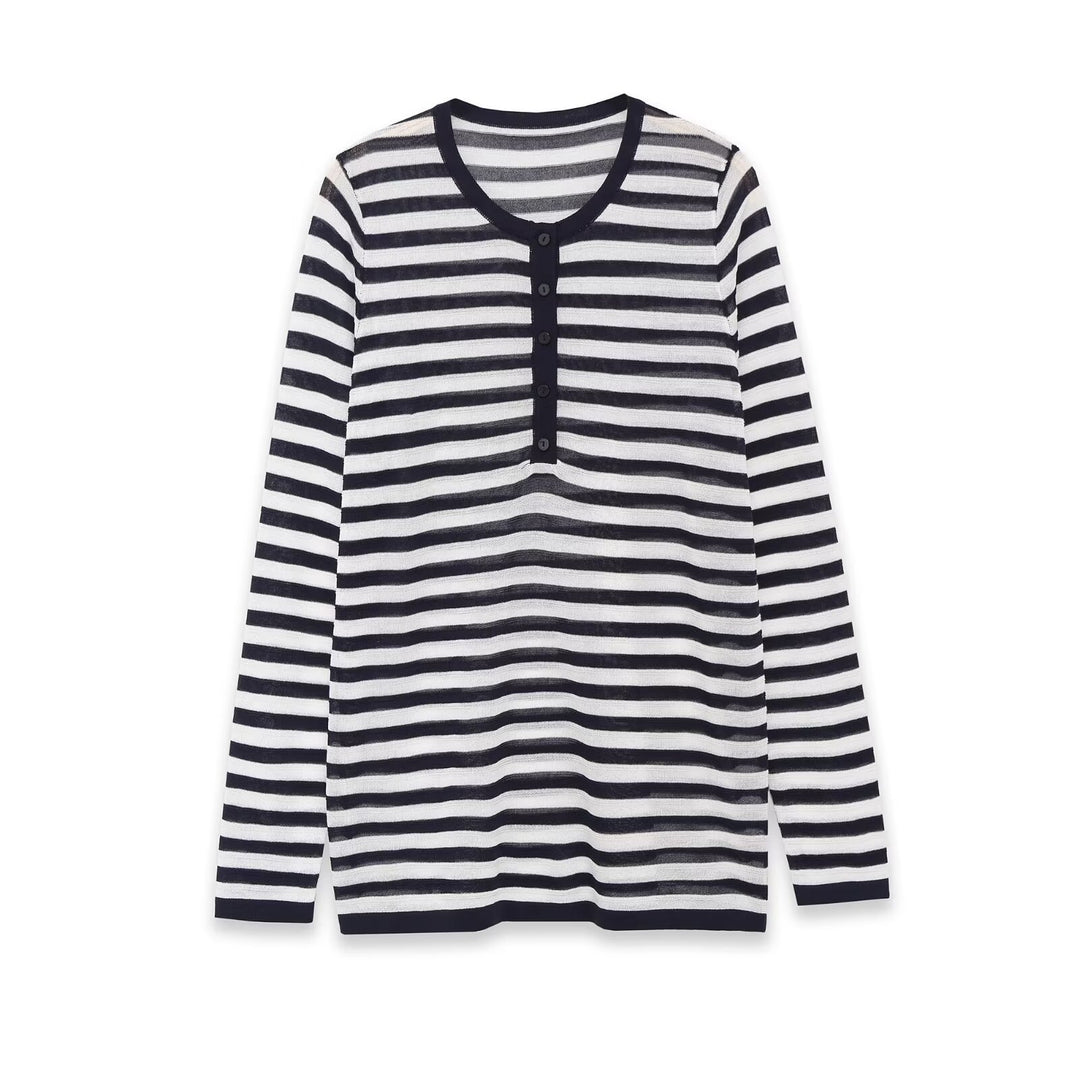 Damen Langarm-Shirt mit Knopfleiste und maritimen Streifen Nord Taschen