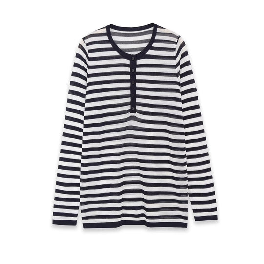 Damen Langarm-Shirt mit Knopfleiste und maritimen Streifen Nord Taschen