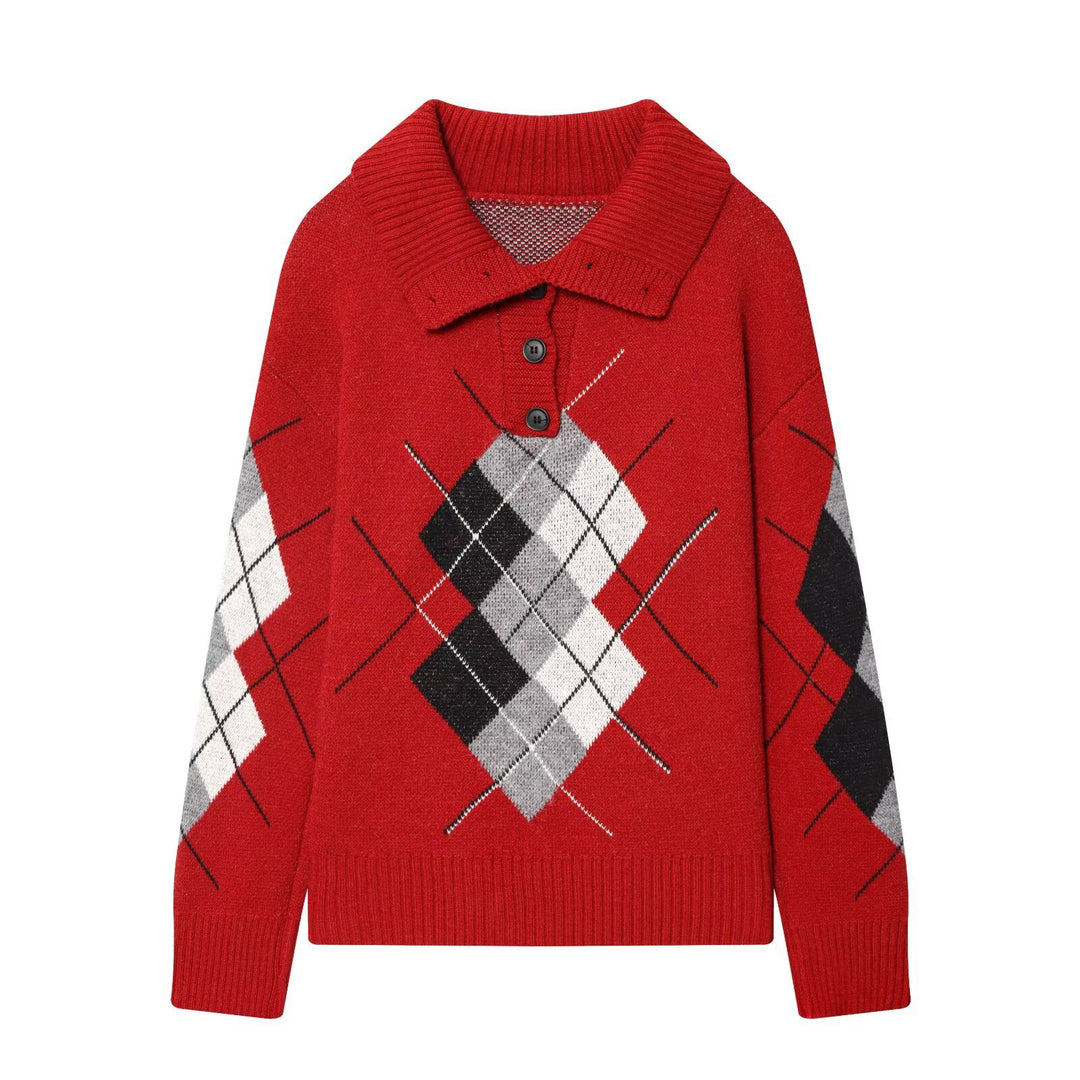 Damen Oversized Pullover mit Rautenmuster und Polokragen mit Knopfleiste Nord Taschen