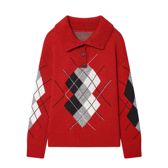 Damen Oversized Pullover mit Rautenmuster und Polokragen mit Knopfleiste Nord Taschen