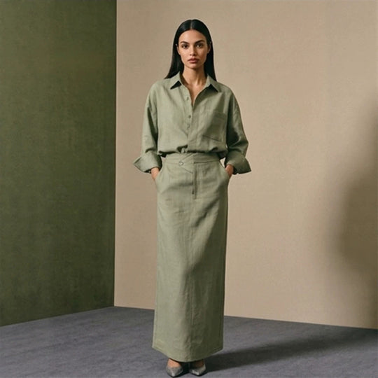 Damen Zweiteiliges Leinen-Set mit Oversized-Hemd und tailliertem Maxirock Nord Taschen