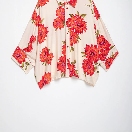 Damen Oversize-Hemdbluse mit großflächigem Blumenprint, Reverskragen und durchgehender Knopfleiste Nord Taschen
