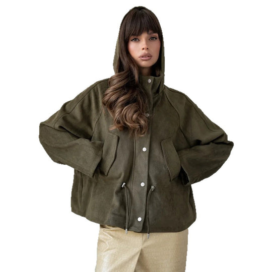 Damen Kurzblouson aus Veloursleder-Optik mit Kapuze, Tunnelzug‑Taillierung und Pattentaschen Nord Taschen