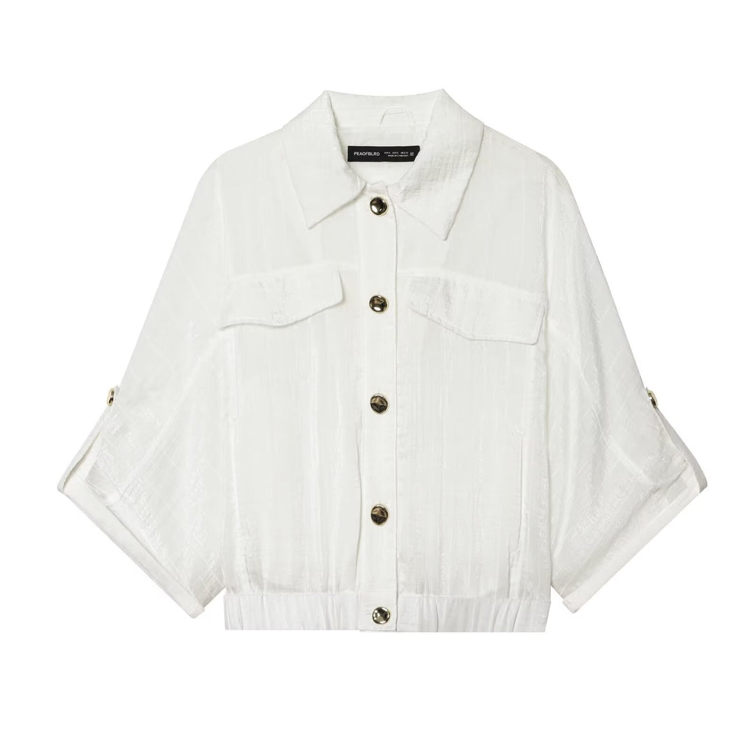 Damen Cropped-Hemdenbluse mit Fledermausärmeln, Brusttaschen und elastischem Taillenbund Nord Taschen