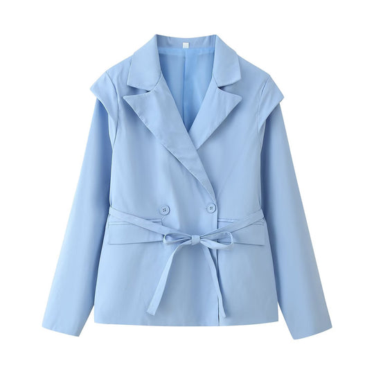 Damen Taillierter Bindegürtel-Blazer mit doppelter Knopfleiste und Reverskragen Nord Taschen