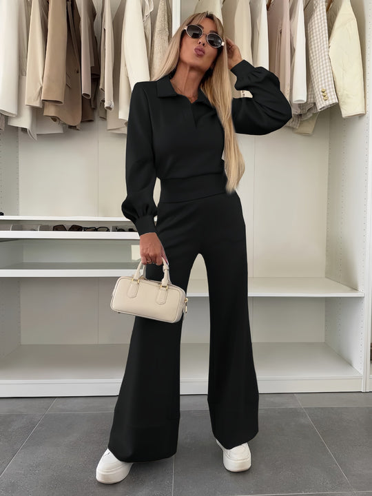 Damen Zweiteiliges Lounge-Set mit Polokragen und taillenhoher Palazzohose Nord Taschen